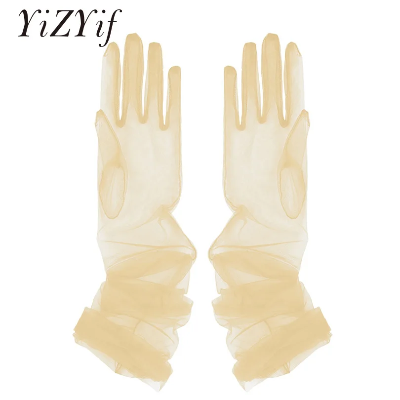 YiZYiF Women Sheer Tulle Gloves Transparent Full Finger Elbow Long Gloves Mittens Party Photography Accessory Sexy Long Gloves