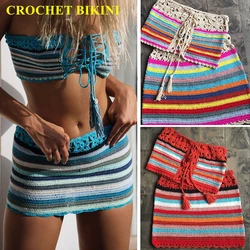 CROCHET BIKINI Fashion Colorful Lace Crop Top and High Waist Skirt Set Summer Beach Swim Bathing Suit Cover Beachwear  Multi