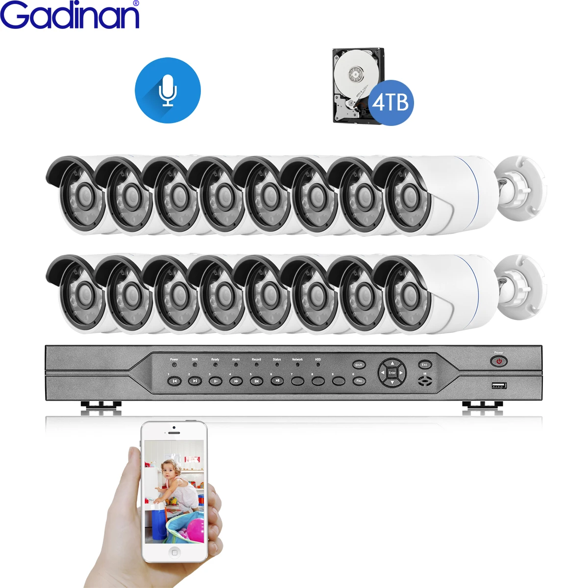 Gadinan H.265+ 16CH 4K HD POE NVR Kit CCTV System IR Outdoor Audio AI Bullet 5MP IP Camera P2P Video Security Surveillance Set