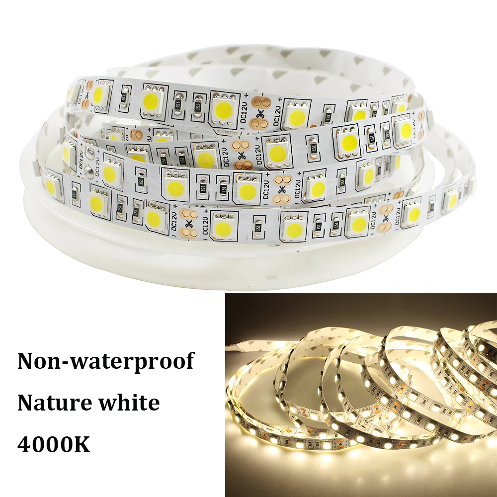 

Nature white 4000K LED Strip light 5050 DC12V 5M 60led/M flexible led Ribbon tape lamp for home indoor outdoor decoration light