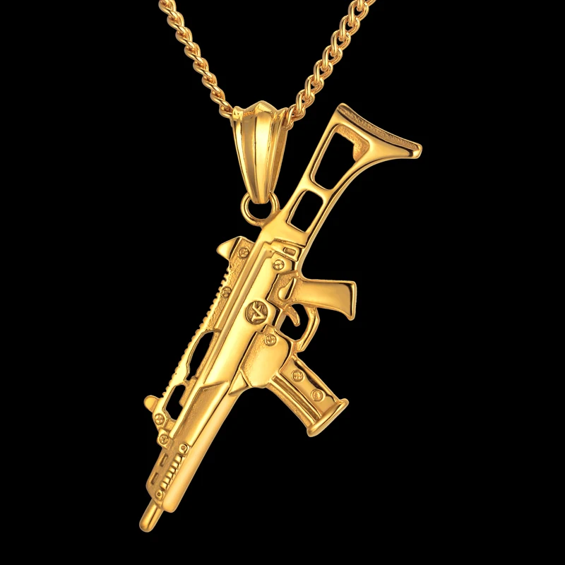 Germany Style Gun Pendant Necklace Hip Hop Men Jewelry Black/Gold Color Stainless Steel Schmuck G36K Maxi Statement Necklaces