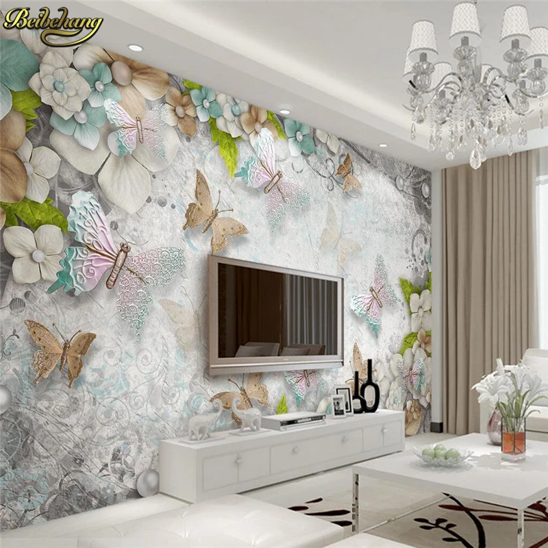 

beibehang Custom Butterfly flowers pearls 3D photo wall paper stereoscopic backdrop 3D flooring mural wallpaper wall paper