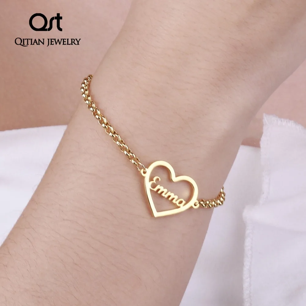 

Personalized Name Bracelet Gold Color Customized Heart Nameplate Bracelets For Couple Stainless Steel Jewelry (Max 8 Letters)