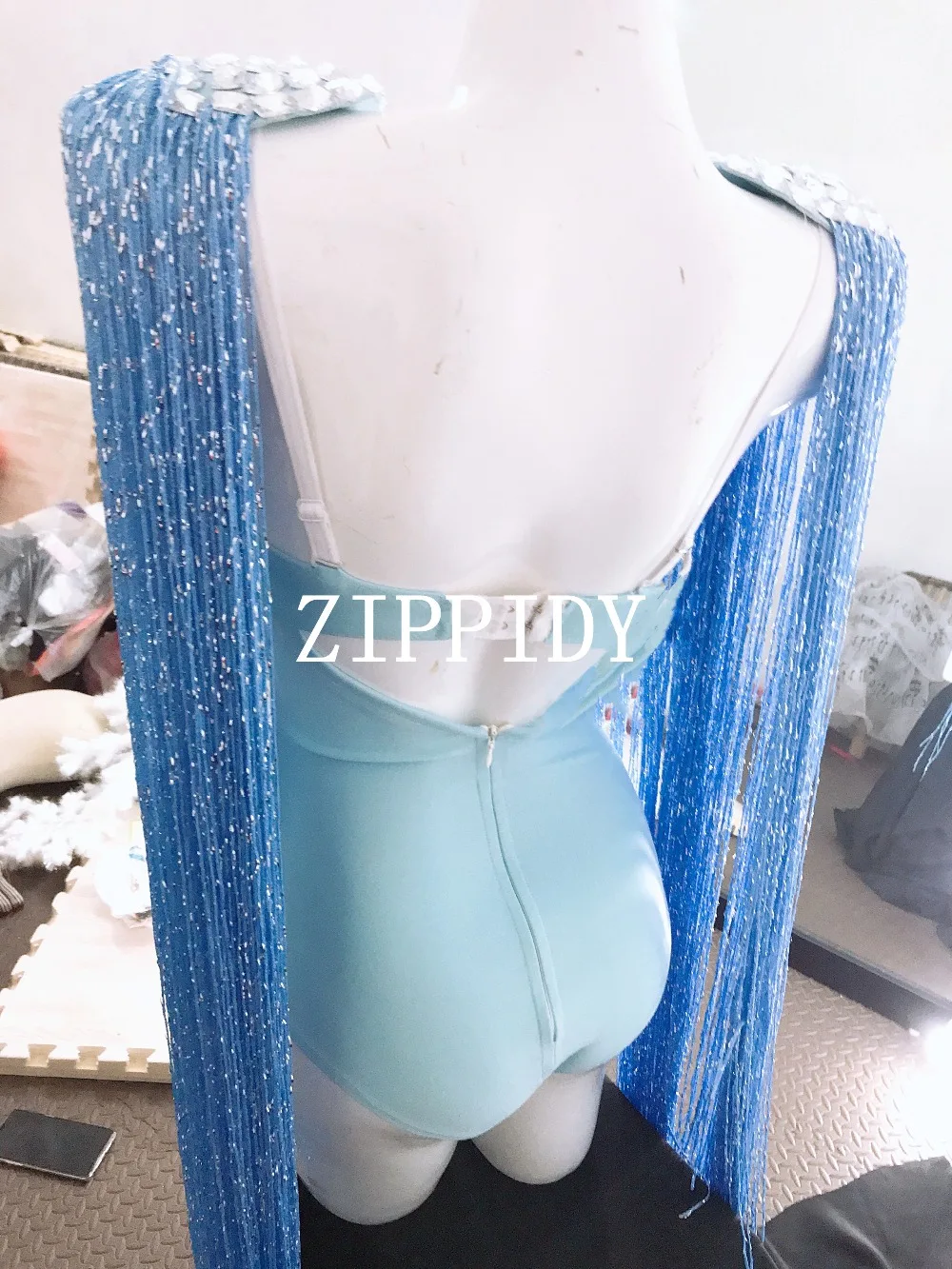 Sexy Blue Tassel Sexy Rhinestone Outfit Epaulet Fringes Design Party Dress Dj Female Singer Nightclub Bodysuit Costume