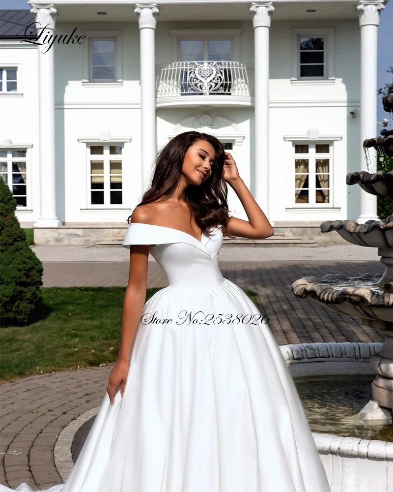 Liyuke Pure White Elegant  Satin A-Line Wedding Dress With Folden V-Neckline Off The Shoulder Wedding Gown