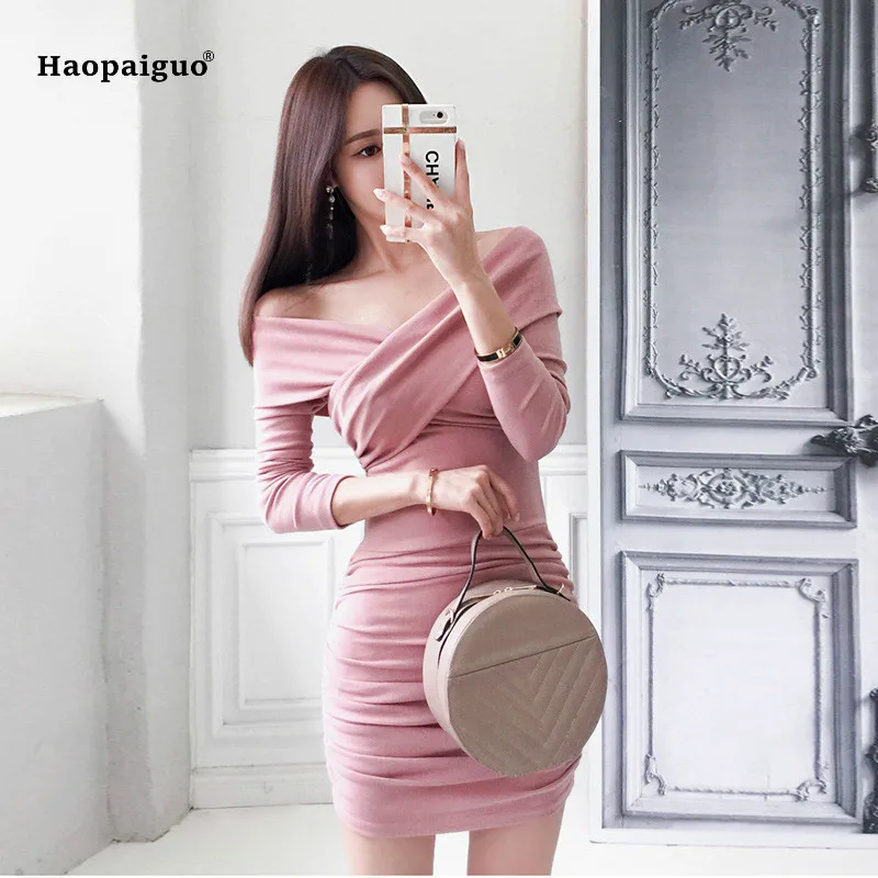 

2022 Spring Ladies Solid Bodycon Bandage Dress Autumn Women Pink Long Sleeve Slash Neck Sexy Casual Wrap Dress Black Dresses