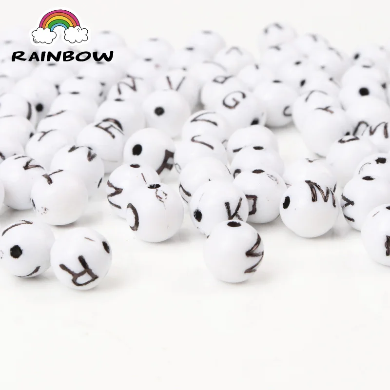 Wholesale White bottom Black Letter Alphabet Circle Acrylic Material Charm DIY Round Shape Spacer Beads Jewelry 8x8mm 100pcs