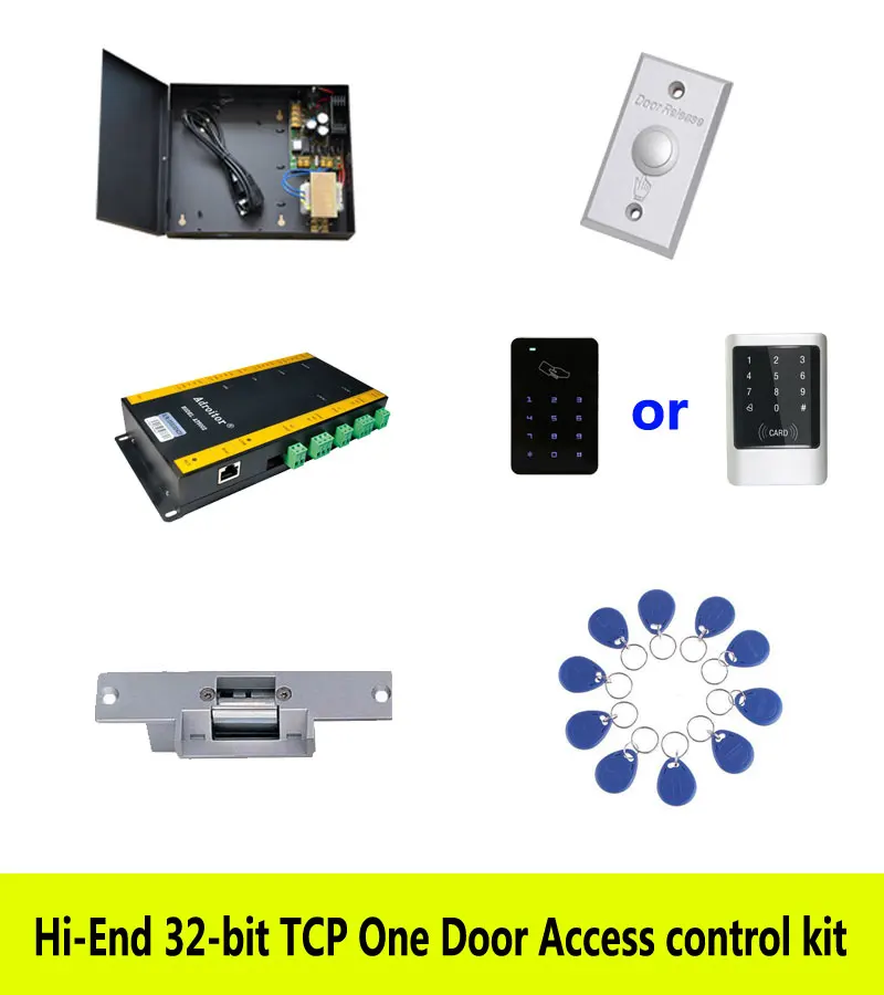 

Высокопроизводительный 32-битный комплект контроля доступа, однодверный TCP/Ip + Powercase + Блокировка удара + считыватель ID сенсорной клавиатуры + кнопка + 10 идентификационных бирок, Sn:Kit-AT101