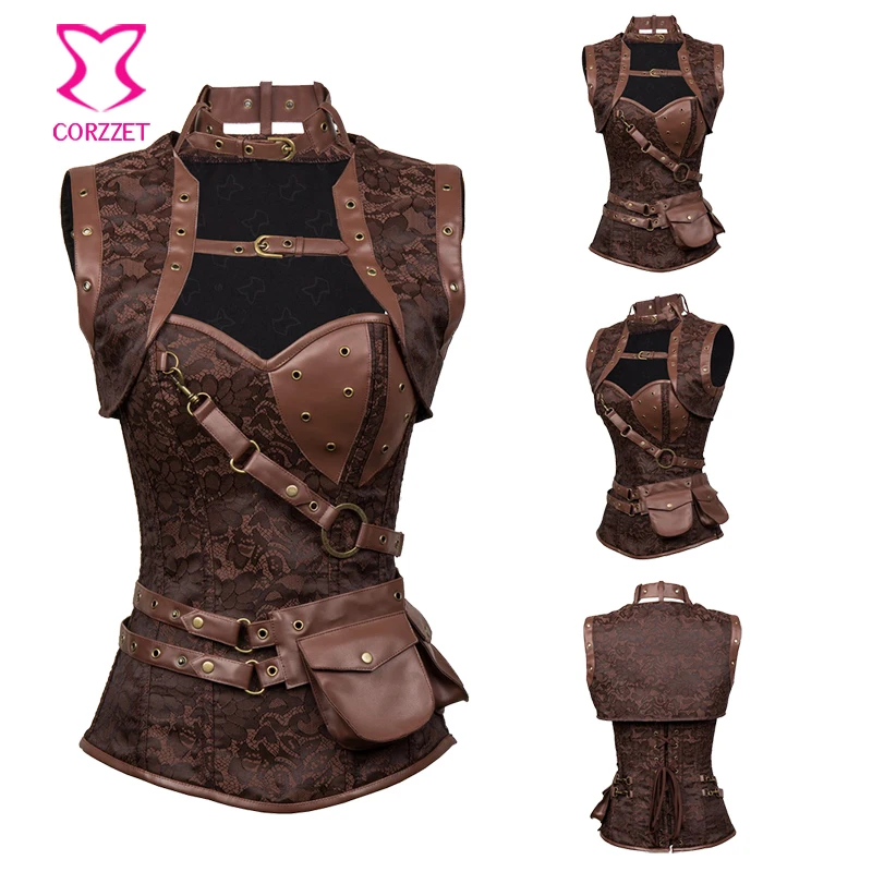 Vintage Brown Brocade Sexy Gothic Corsets And Bustiers Steampunk Clothing Women Plus Size Corset Waist Trainer Steel Bone S-6XL