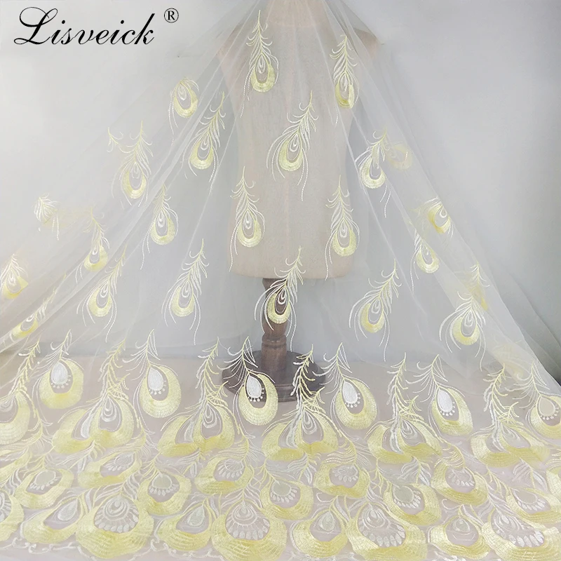 1yard Peacock Embroidery Lace Fabric Skirt Fashion Clothing Nigerian Lace DIY Wedding party Dress French Tulle Lace Fabric