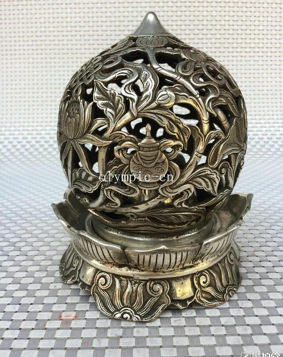 7'' bronze silver plating Eight Auspicious Symbols of Buddhism incense burner