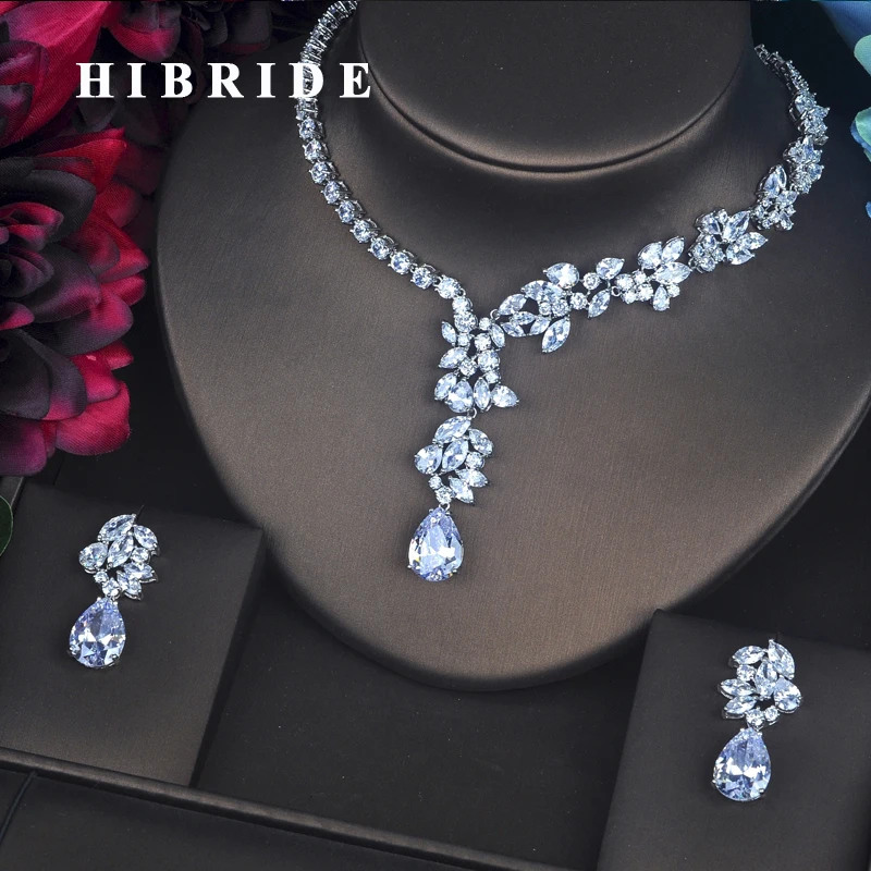 

HIBRIDE Fashion Dubai Wedding Jewelry Sets For Women Bridal White Gold Color Flower Earring Necklace Set Promotion Price N-322