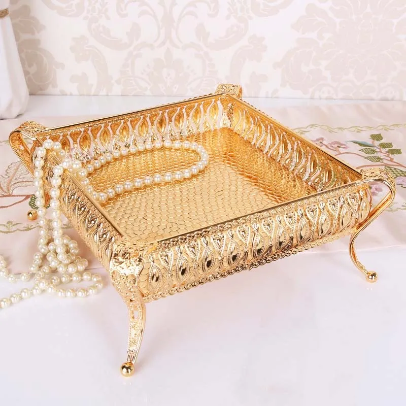 JINSERTA Metal Storage Tray Jewelry Display Plate Gold Dessert Fruit Nuts Cake Tray for Home Party Wedding Table Decoration