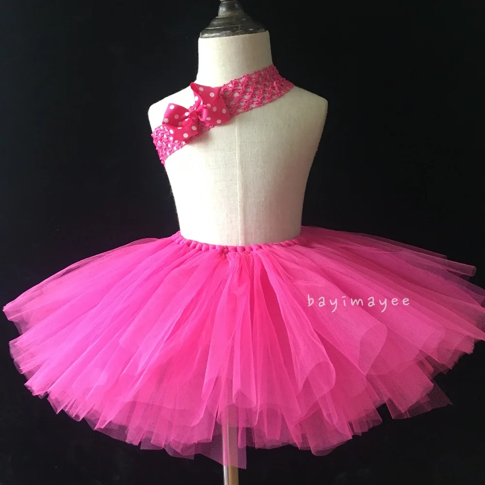 Hot Pink Girls Skirts Baby Handmade Fluffy Tulle Tutu Skirts Ballet Pettiskirt with Polka Dots Hair bow Kids Party Skirt Clothes