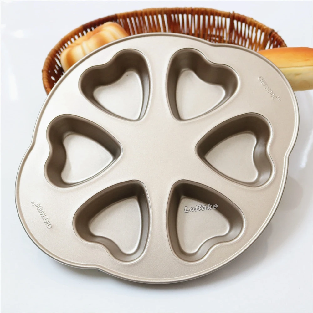 10 inches 6 cavities heart shape inside nonstick golden metal muffin cupcake pudding jelly chocolate mould baking supplies