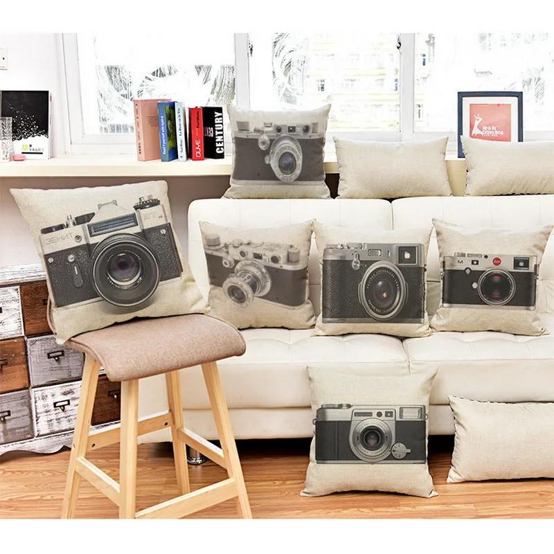 Italy 18'' creative flax retro camera cushions home decorative gifts pillowcase christmas pillow case travesseiro