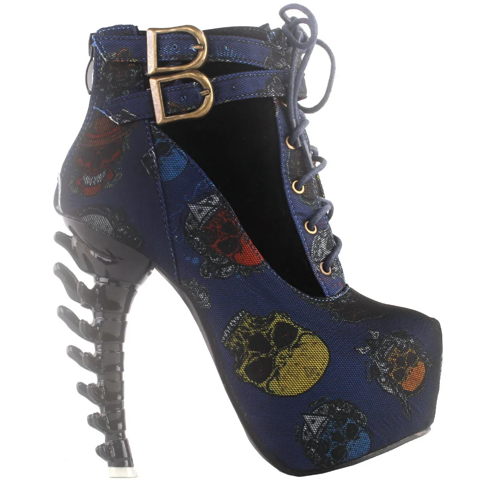 LF40601 Punk Lace Up Buckle High-top Bone High Heel Platform Ankle Boots