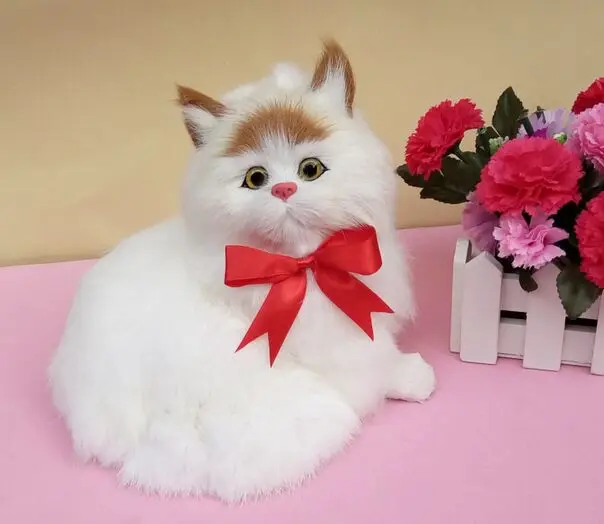 

large 20x19x17cm white cat with bowtie model polyethylene&furs cat handicraft decoration gift a2379