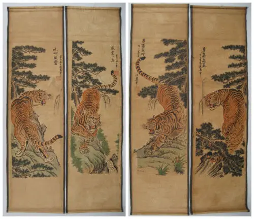 ( 4 Pieces )Exquisite Archaistic Chinese scroll painting - Tigers