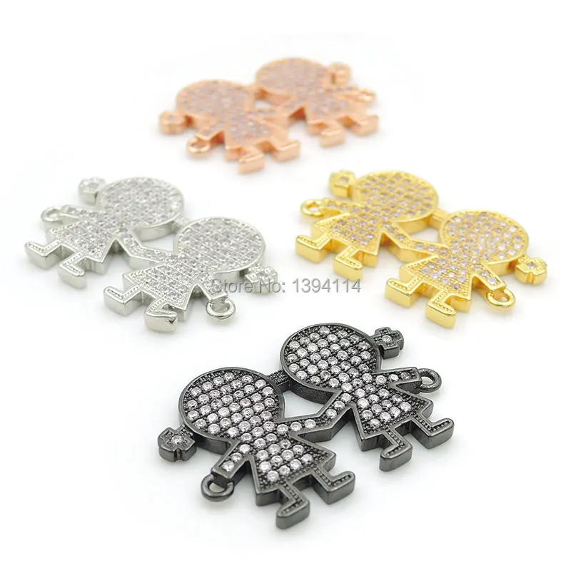 

28*18*2mm Micro Pave Clear CZ Combination Connector Of 2 Girls Fit For Women As DIY Bracelets Accessory