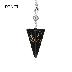 Natural Obsidian Symbol Carving Pyramid Stone Pendulum For Biolocation Reiki Amulet Quartz Crystal Pendulo Divination Tool