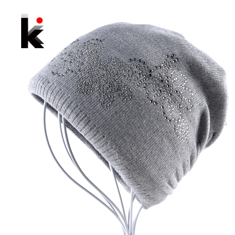 Winter Ladies Knit Hats For Women Beanies Hat Flower Diamond Beanie Brand Touca Knitted Cap Balaclava Caps Bonnet Hats