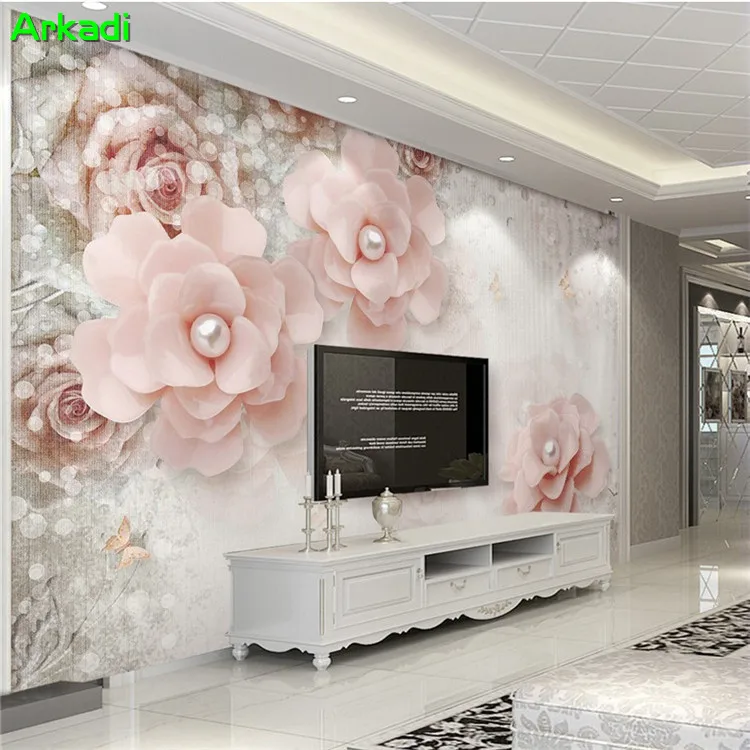 Elegant 3d three-dimensional pearl flower European TV background wall painting living room sofa home decor wallpaper any size