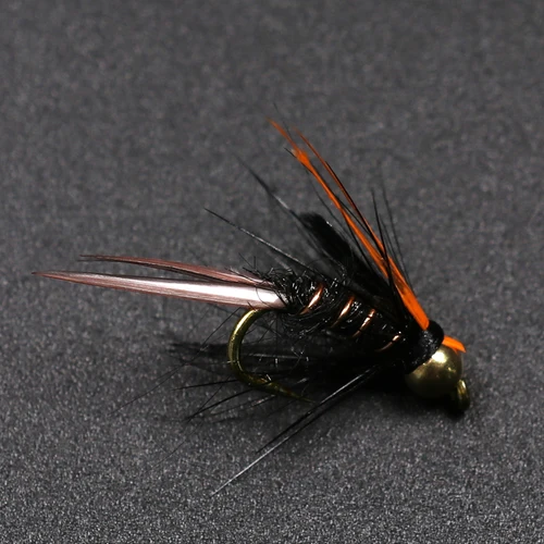 Imagen 2 del producto Bimoo 10PCS # 12 Cabeza dorada de latón Trucha Grayling Pesca Moscas Mosca húmeda Cabeza de cuentas Crazy Black Psycho Prince Ninfas