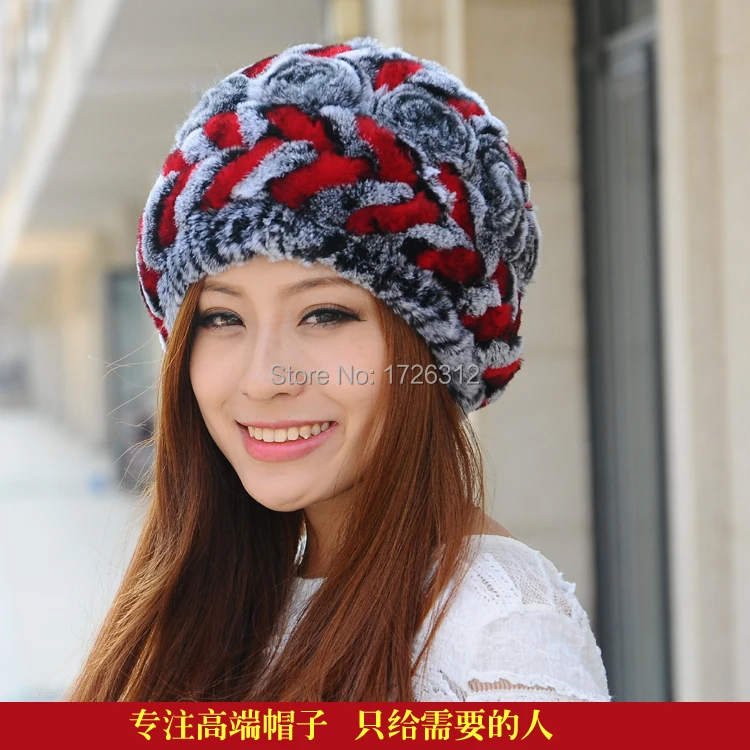 

Rex rabbit hair ear protector cap yarn liner flower hats women's rex rabbit hair fur knitted hat winter