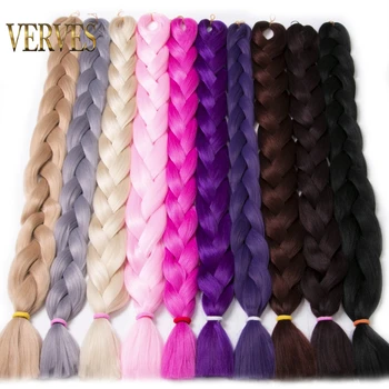 VERVES Braiding Hair 원피스 합성 82 인치 열 섬유 브레이드 165 그램/개 블랙 퓨어 컬러 점보 브레이드 헤어 익스텐션