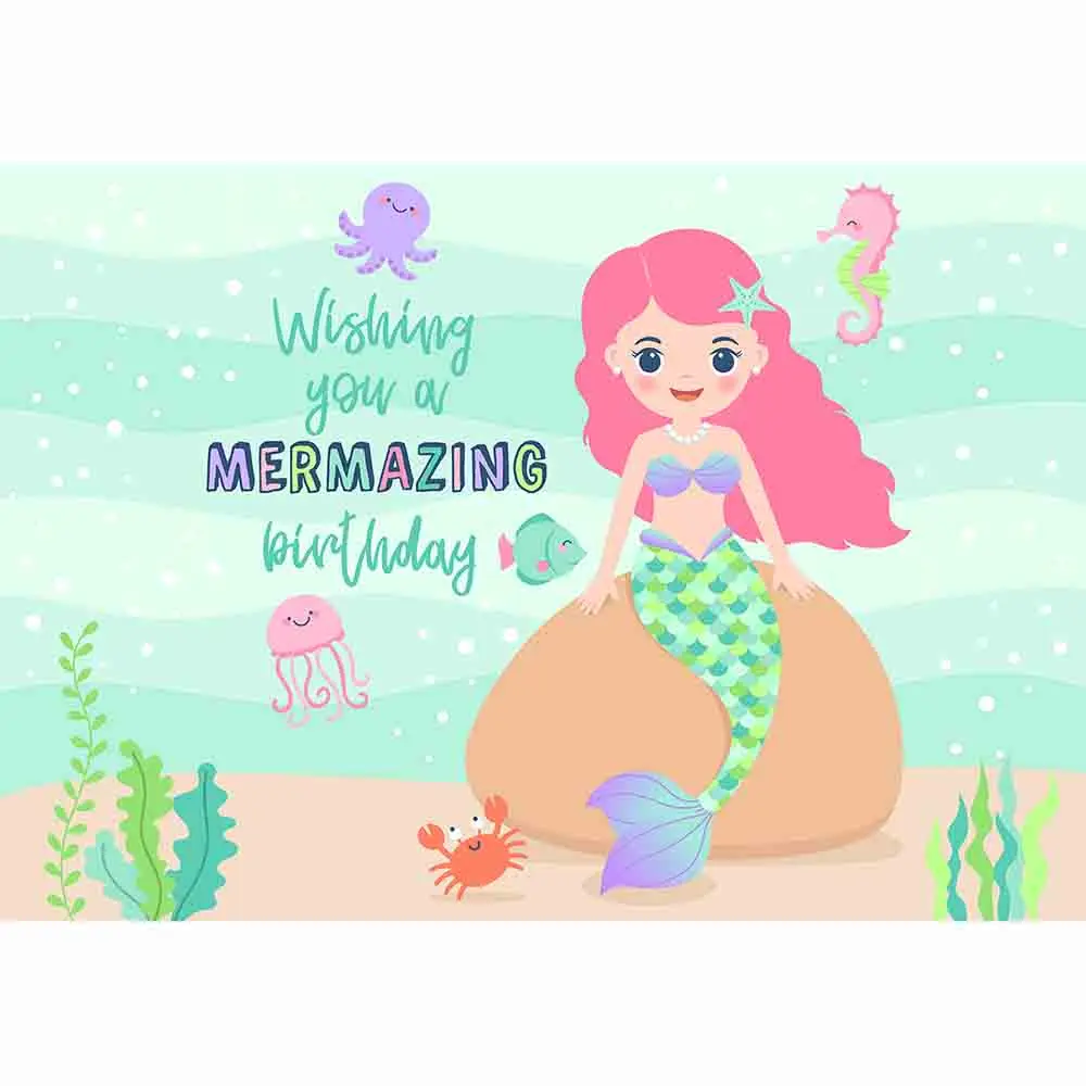 Allenjoy birthday backdrop cartoon blue seabed mermaid seaweed Jellyfish octopus seahorse crab cute girl party photo background