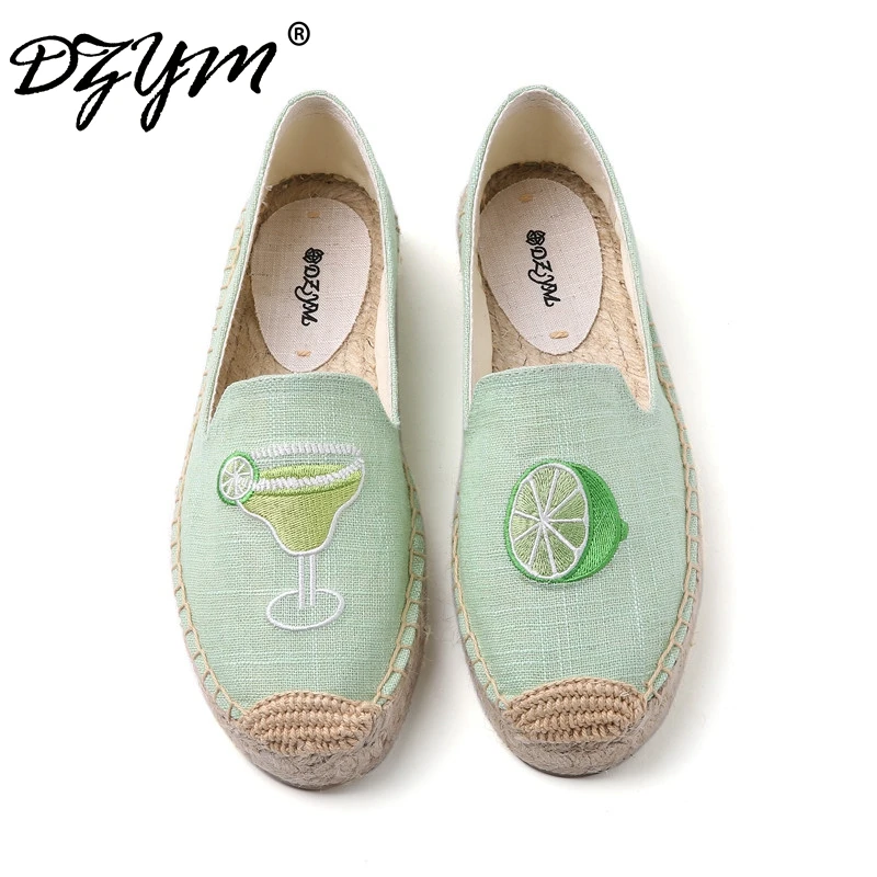 DZYM  Summer Canvas Espadrilles Women Fisherman Shoes Lemon Zapatos Ice Cream Parrot Embroider Linen Loafers Retro Flats