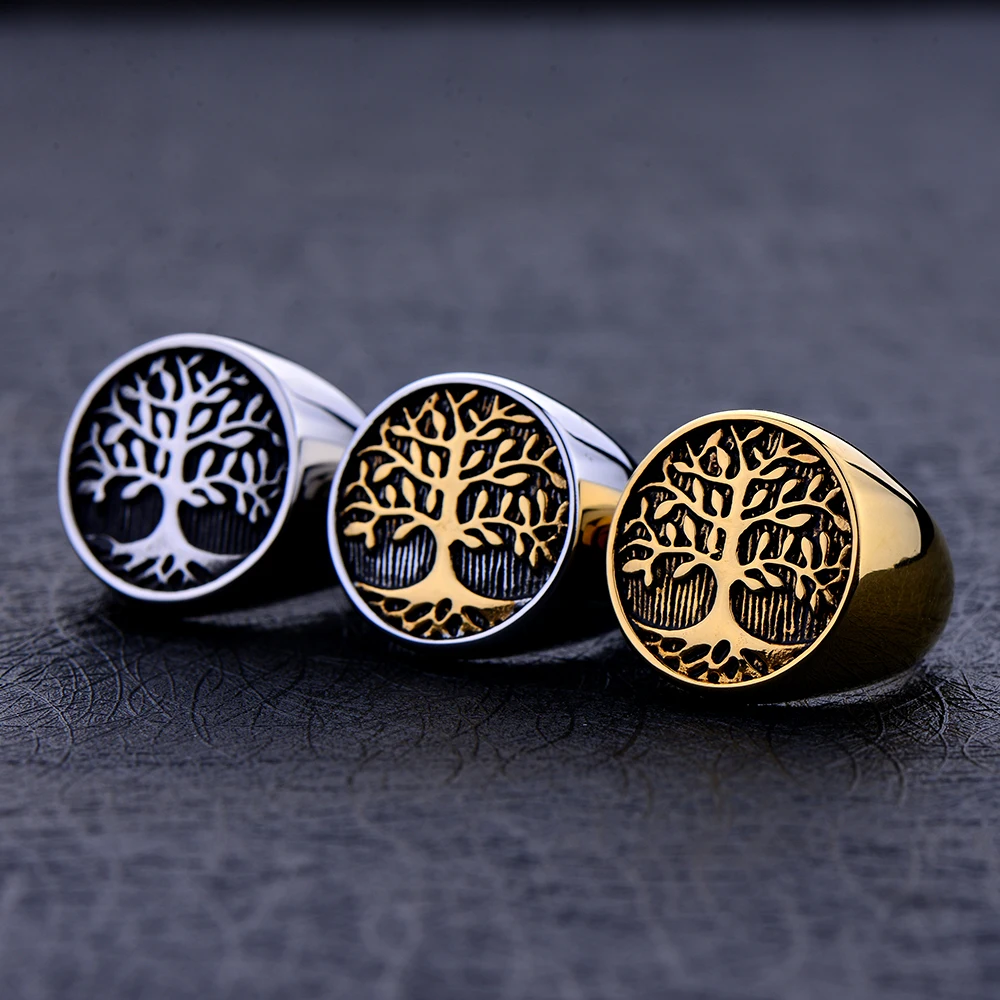 Punk Stainless Steel Titanium Tree Of Life Ring Gold Color Life Tree Rings For Men Ring Jewelry Bague Homme image 6