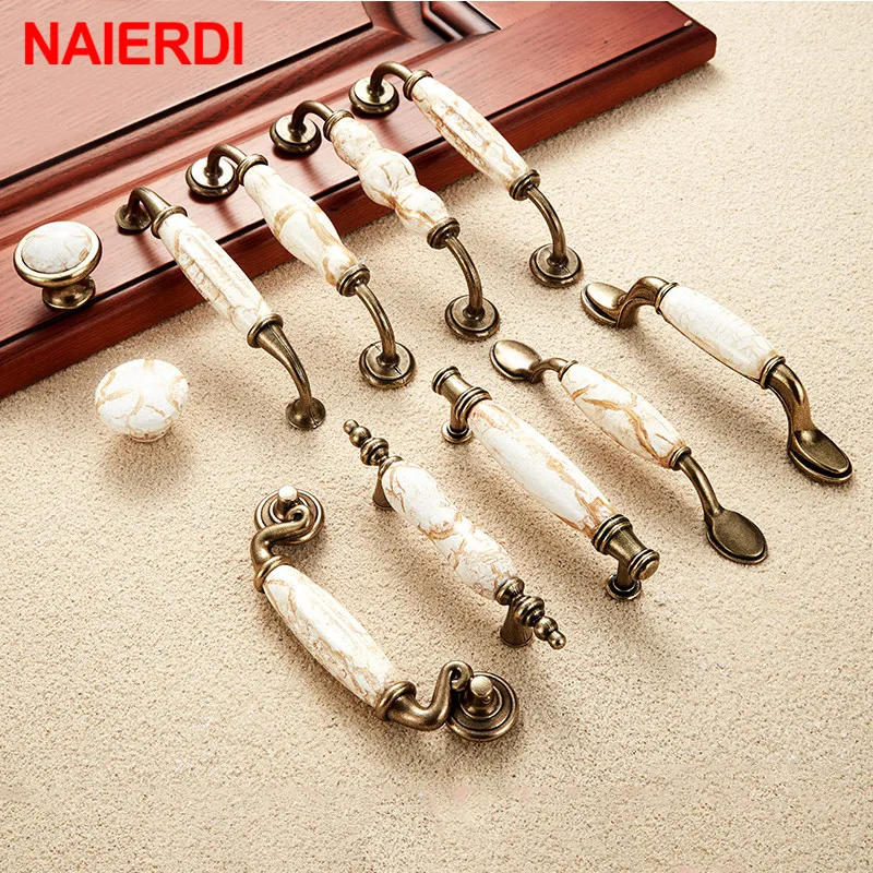 NAIERDI Marble Series Ceramic Cabinet Handles Zinc Alloy Cabinet Pulls Drawer Knobs Wardrobe Door Handles Furniture Handle