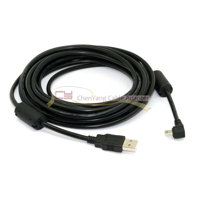 100pcs/bag B Type Mini USB 5pin Male Right Angled 90 Degree to USB 2.0 Male Data Cable with EMI Ferrite Core 500cm