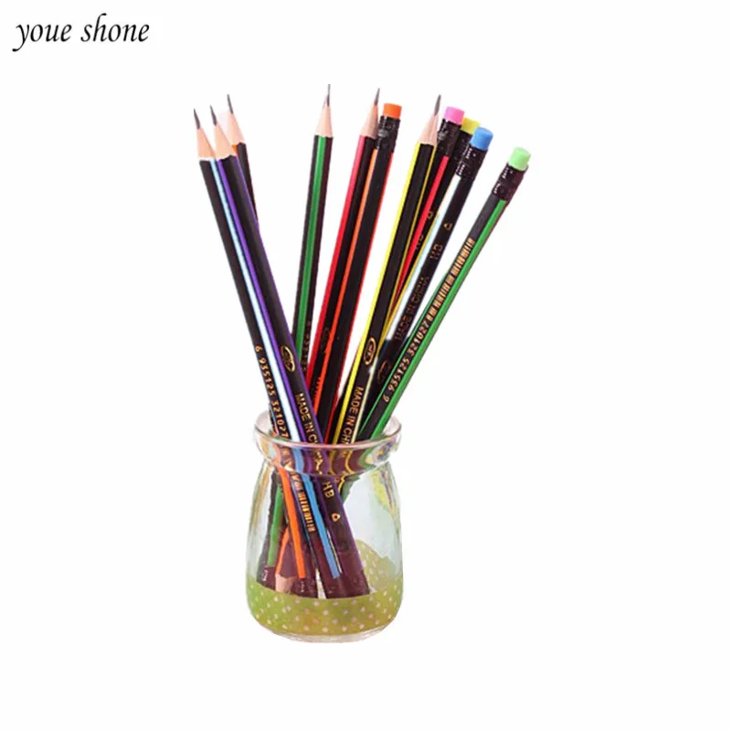 12PCS=1Box Colorful Stripe Pencil Triangle Lead-free Poison With Rubber Pencils Correction Grip Posture For Office School Gifts