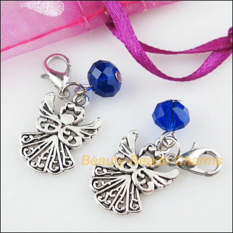 10Pcs Tibetan Silver Angel Charms Pendants Blue Crystal Beads Lobster Clasp