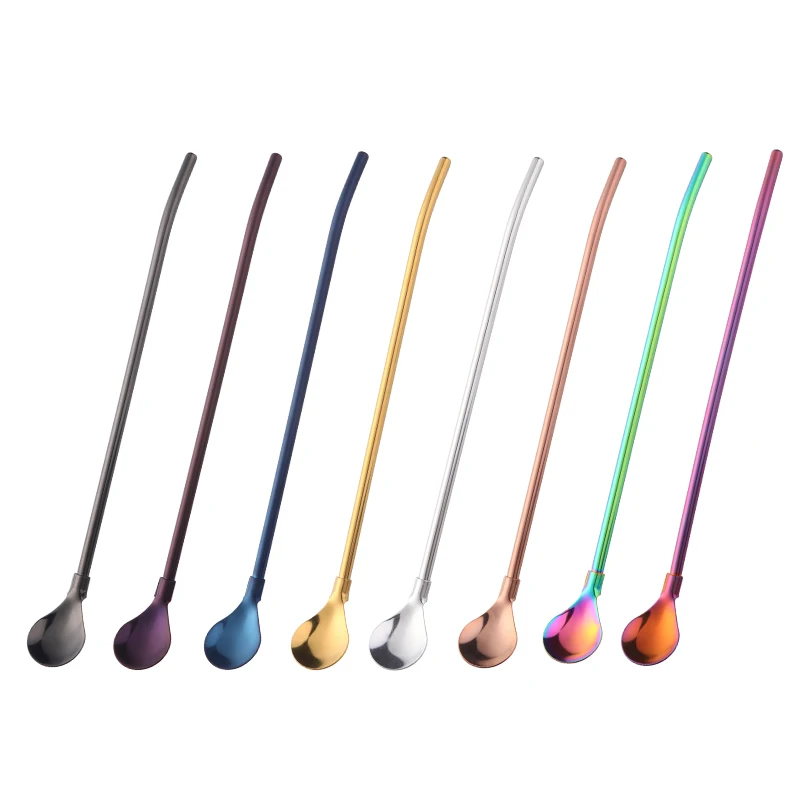 8 Colors Stainless Steel Long Metal Drinking Straw Spoon with Cleaning Brush Tea Coffee Bar Kitchen Party Drink Accessories