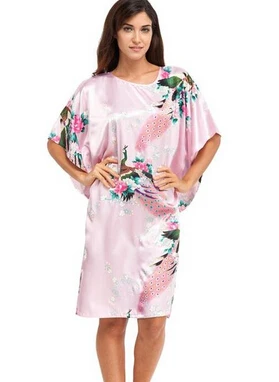 Bata de seda de rayón rosa para mujer, camisón de verano, bata de dormir, vestido de flores para el hogar, pavo real, talla grande 6XL, A-074