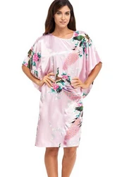 Brand New Pink Female Silk Rayon Robe Nightshirt Summer Bathrobe Gown Sleepwear Flower Home Dress Peacock Plus Size 6XL A-074