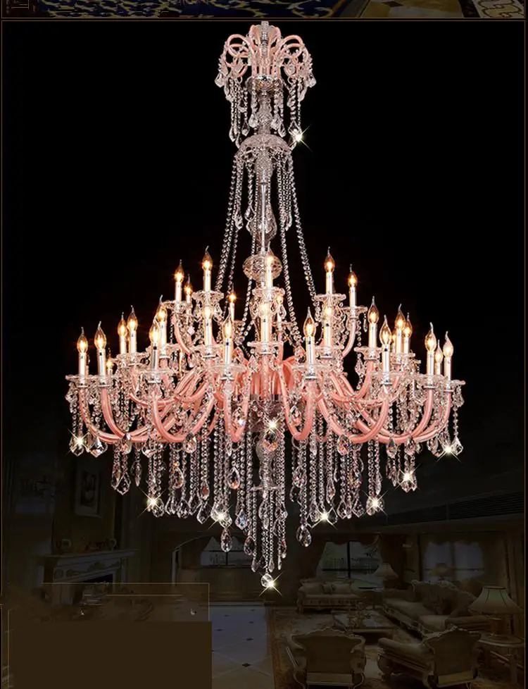 

large staircase Crystal lighting Pink pendant chandelier church lamp Led candle holders Palace lustres de cristal 30-45 pcs