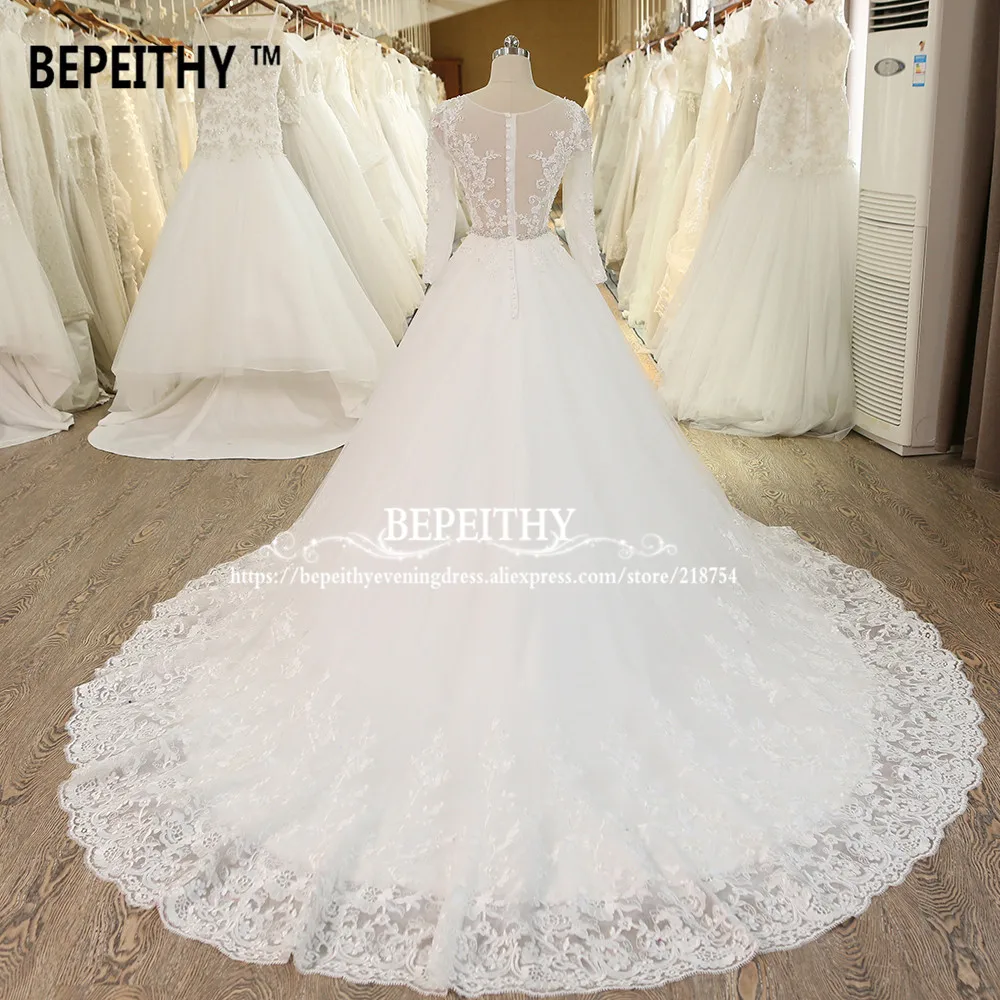 BEPEITHY Customized Robe De Mariage Ball Gown Princess Wedding Dress With Crystal Sash Long Sleeves Lace Bridal Gowns 2022