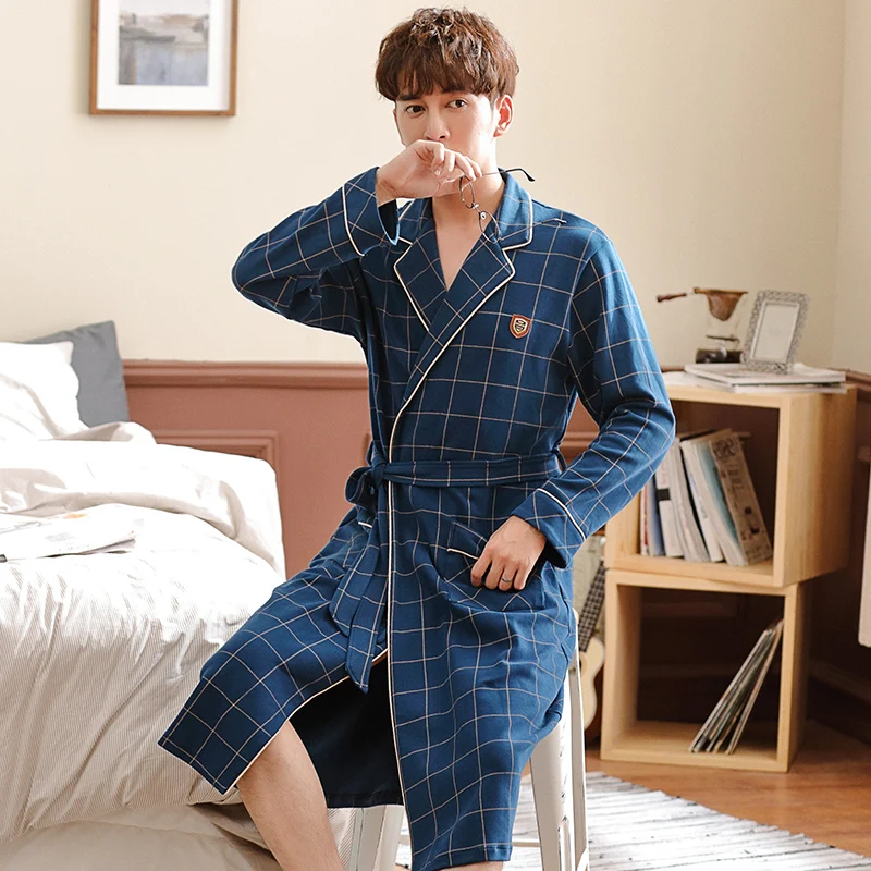 2023 Spring Autumn Bathrobe Men 100% Cotton sleep top Kimono Robes For Male Plaid Robes Long Bath Robe Bride Robe Dressing Gown