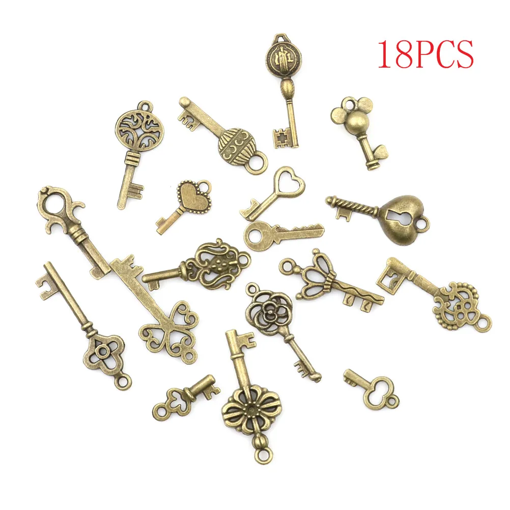 18pcs/sets Bronze Ornate Skeleton Keys Lot Antique Vintage Old Look Necklace Pendant Fancy Heart Decor DIY Craft Gifts