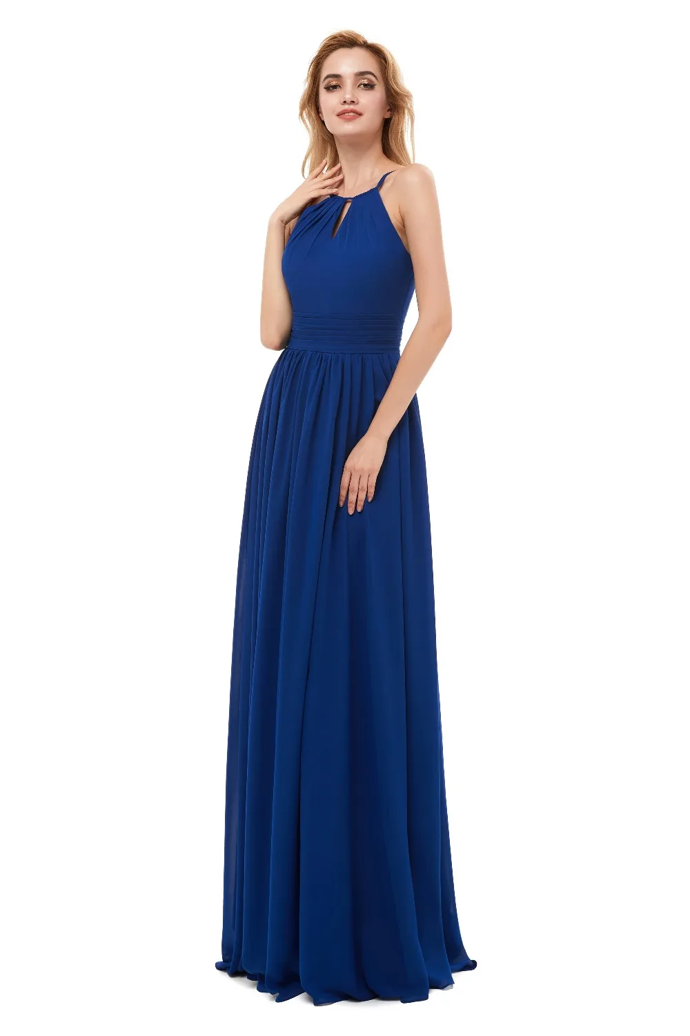 Chiffon Abiti Da Damigella D'onore Lunga 2020 Royal Blue Halter Neck Backless Festa di Nozze Ospite Abiti