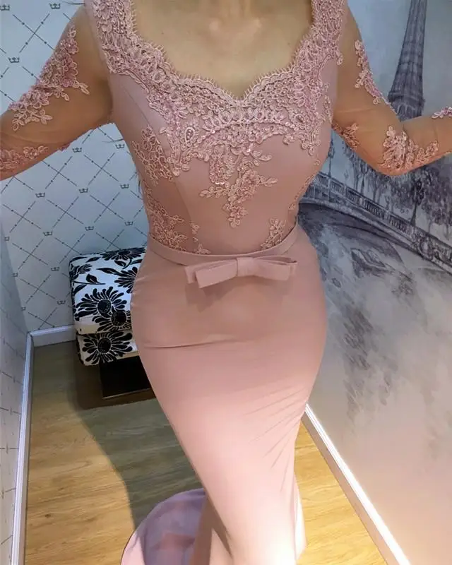 Vestidos de dama de Honor de manga larga para mujer, Vestido largo de sirena de encaje Rosa musulmán, precio al por mayor, 2019