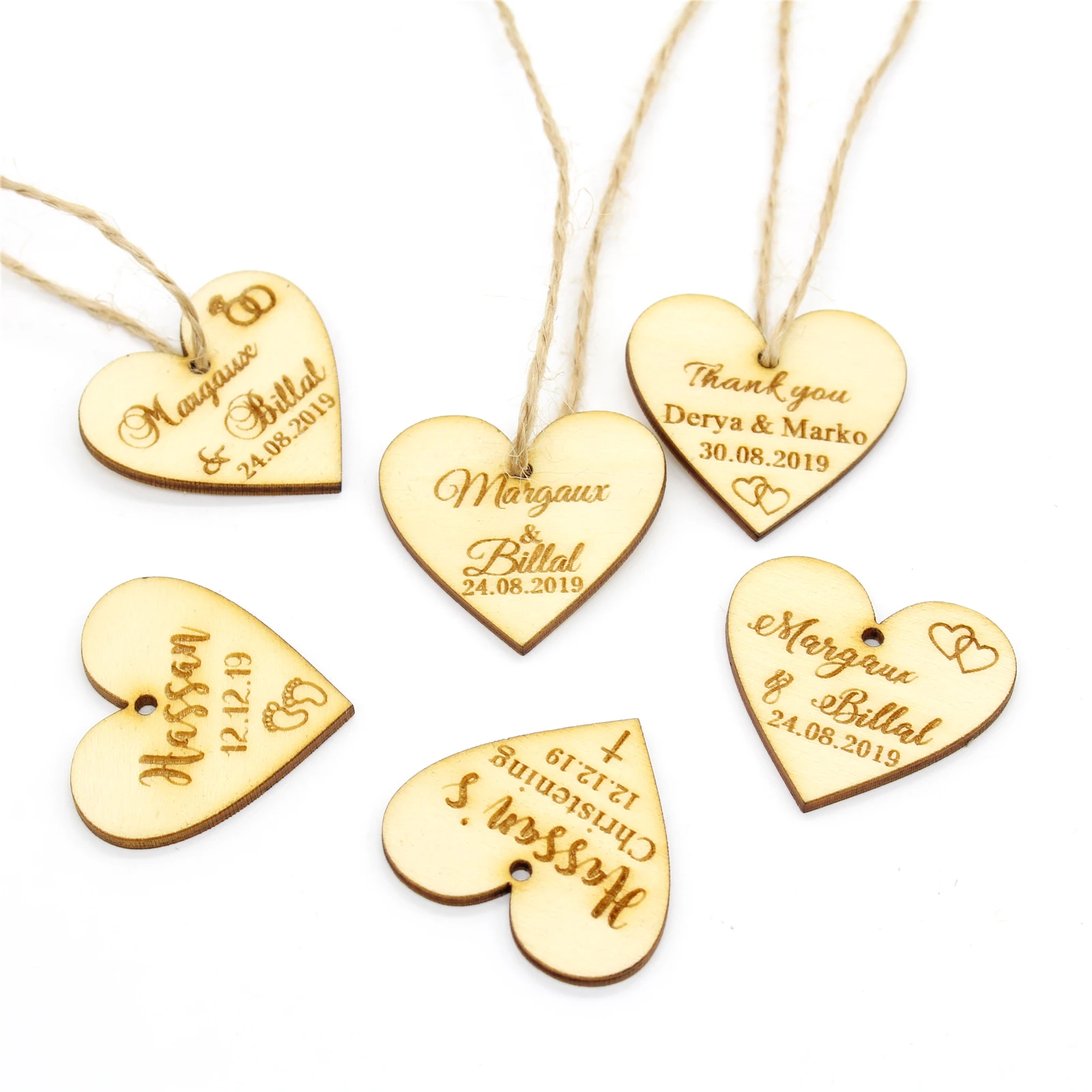 50Pcs Personalized Engraved Wooden Wine Charm, Custom Wood Label Tags, Wedding Heart Gifts Tags, Rustic Bridal Shower Favor Tags