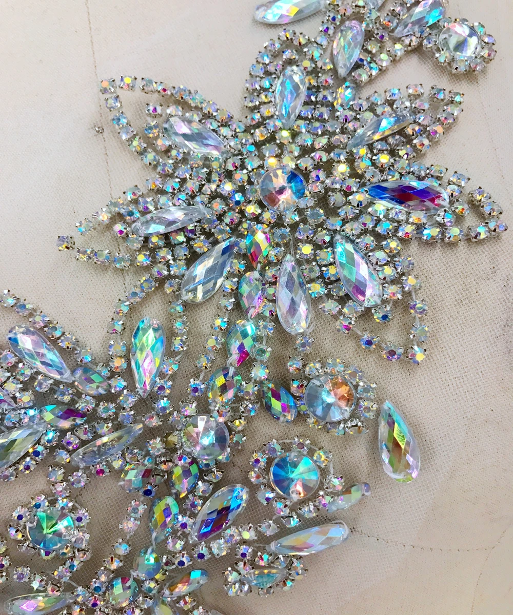 hand made clear AB colour crystal patches trimming  Rhinestones applique on mesh  41*13cm for top dress