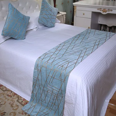 Veemi European Luxury Style Bed Table Runner Embroidered Rhombic Blue Bedding Bed Flag Towel Home Hotel Wedding Decorations