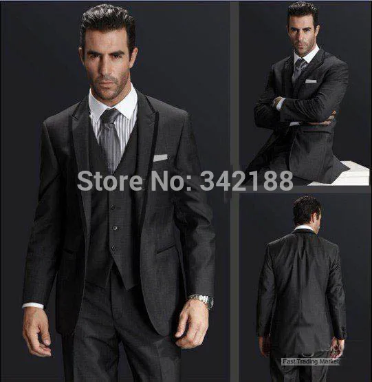 

Custom-Made Back Vent Charcoal Groom Tuxedos Bridegroom Best Man Suits (Jacket+Pants+Tie+Vest) wedding men clothes